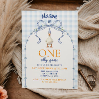 Invitation Oie Folle en Vichy Bleu pour Premier Anniversaire