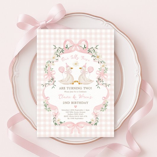 Invitation Oies soûles jumeaux Bow rose En vichy filles Anniv