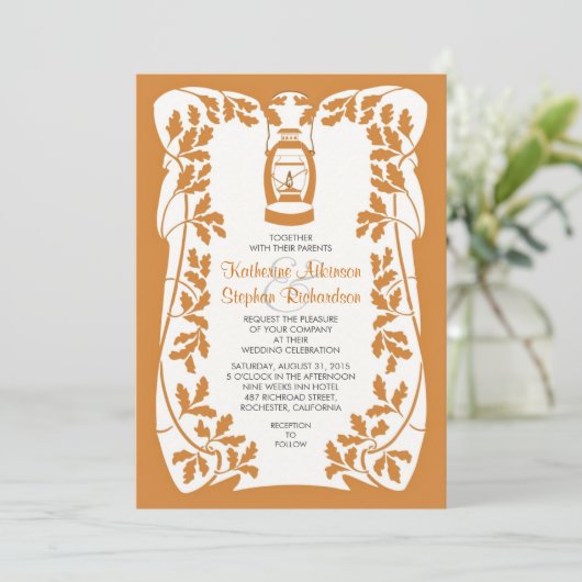 Invitation Oil Lantern and Oak Tree Leaves Wedding Invite (Debout devant)