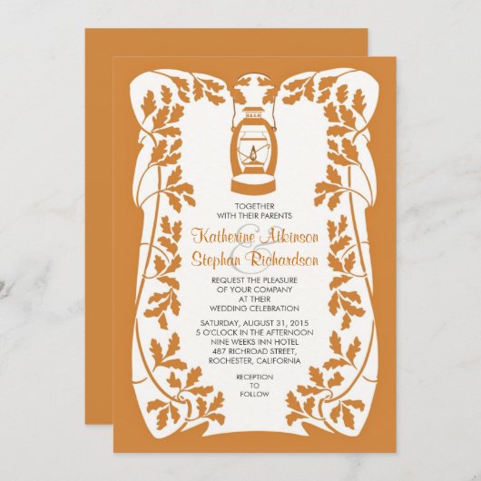 Invitation Oil Lantern and Oak Tree Leaves Wedding Invite (Devant / Derrière)