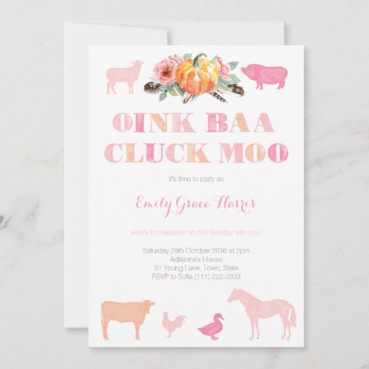 Invitation Oink Baa Cluck Moo, fête d'anniversaire de ferme p (Devant)