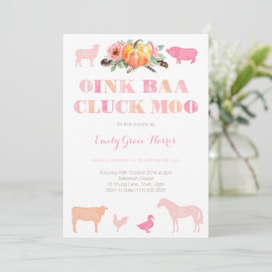 Invitation Oink Baa Cluck Moo, fête d'anniversaire de ferme p (Debout devant)