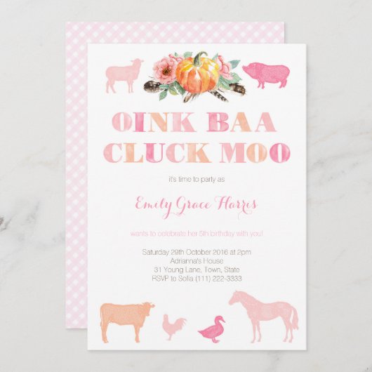 Invitation Oink Baa Cluck Moo, fête d'anniversaire de ferme p (Devant / Derrière)