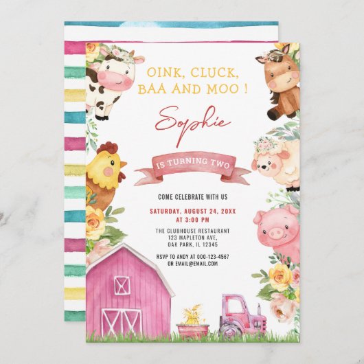 Invitation Oink Baa Moo Animaux de ferme Barnyard Anniversair (Devant / Derrière)