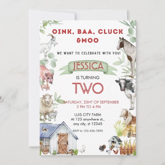 Invitation Oink Baa Moo Cute Animaux de ferme Anniversaire (Devant)