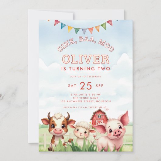 Invitation Oink Baa Moo Cute Farm Animaux 2e anniversaire (Devant)