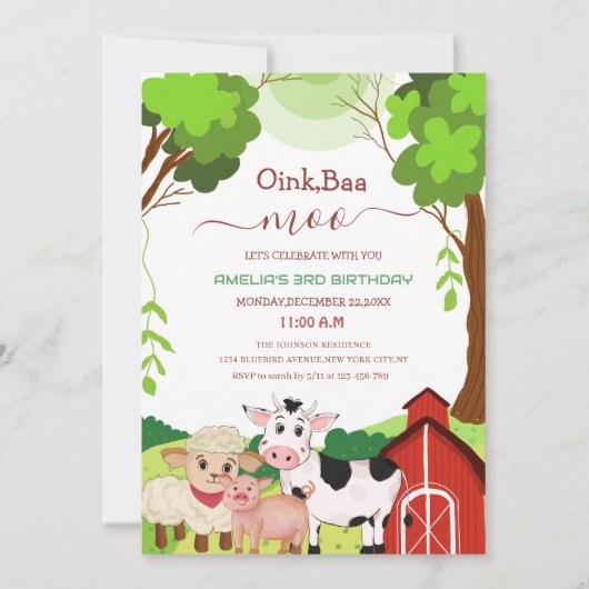 Invitation oink baa moo mignon anniversaire unique enfant Inv (Devant)