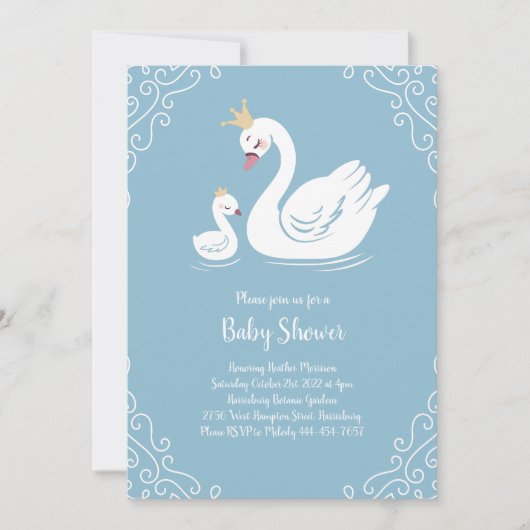 Invitation Oiseau Baby shower de cygnes bleus avec couronne (Devant)