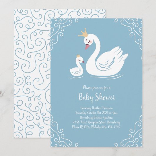 Invitation Oiseau Baby shower de cygnes bleus avec couronne (Devant / Derrière)