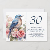 Invitation Oiseau Bleu Fleurs Roses 30e Anniversaire (Devant)
