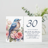 Invitation Oiseau Bleu Fleurs Roses 30e Anniversaire (Debout devant)