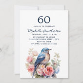 Invitation Oiseau Bleu Fleurs Roses 60e Anniversaire (Devant)