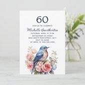 Invitation Oiseau Bleu Fleurs Roses 60e Anniversaire (Debout devant)