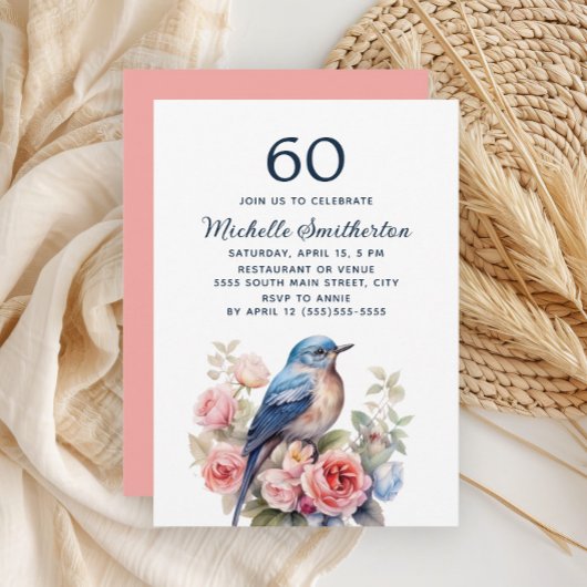 Invitation Oiseau Bleu Fleurs Roses 60e Anniversaire