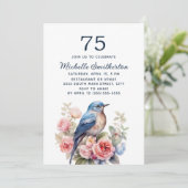 Invitation Oiseau Bleu Fleurs Roses 75e Anniversaire (Debout devant)