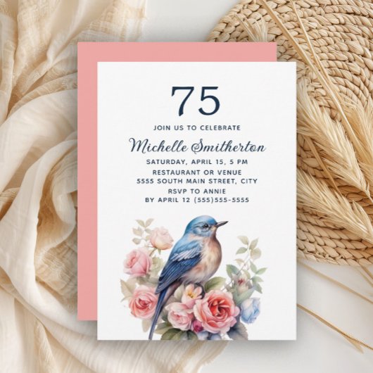 Invitation Oiseau Bleu Fleurs Roses 75e Anniversaire