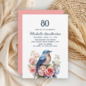 Invitation Oiseau bleu Fleurs roses 80e anniversaire