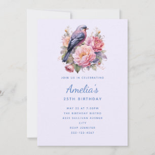 Invitation Oiseau chanteur perché sur des pivoines roses anni