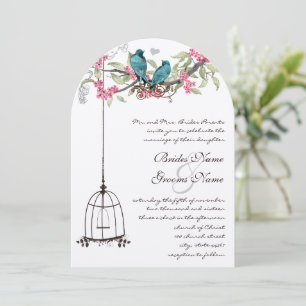 Invitation Oiseau d'amour turquoise Abricot rose pêche Cage à