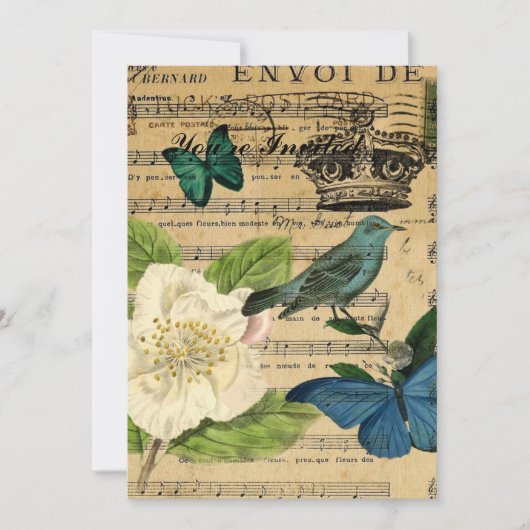 Invitation Oiseau de couronne vintage Music Notes botaniques (Devant)