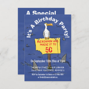 Invitation Oiseau de mer amusant entouré de requins dessin an