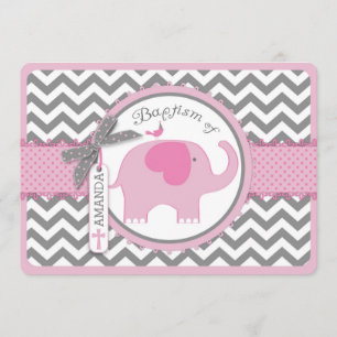 Invitation Oiseau d'éléphant rose et Chevron Imprimer le bapt