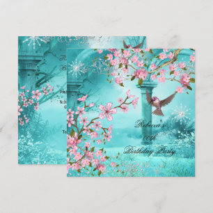 Invitation Oiseau Fête d'anniversaire Fleur rose sarcelle asi
