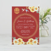 Invitation Oiseau fleuri jaune élégant mariage chinois rouge (Debout devant)