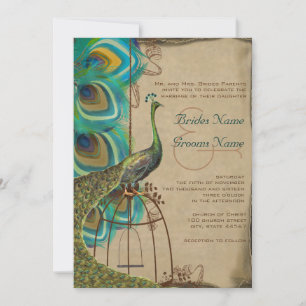 Invitation Oiseau musical paon cage plume mariage