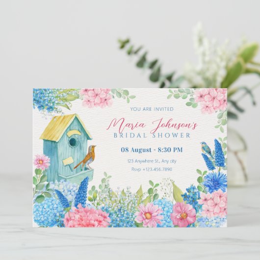 Invitation Oiseau rose bleu (Debout devant)