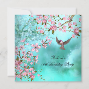Invitation Oiseau sarcelle Fleur asiatique rose Fête d'annive