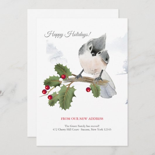 Invitation Oiseau Tufté Sur Berry Branch Holiday Moving Annou (Devant / Derrière)