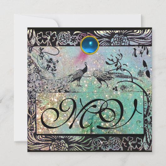 Invitation OISEAUX AMOUREUX DE MARIAGE MONOGRAMME Noir Aqua B (Devant)