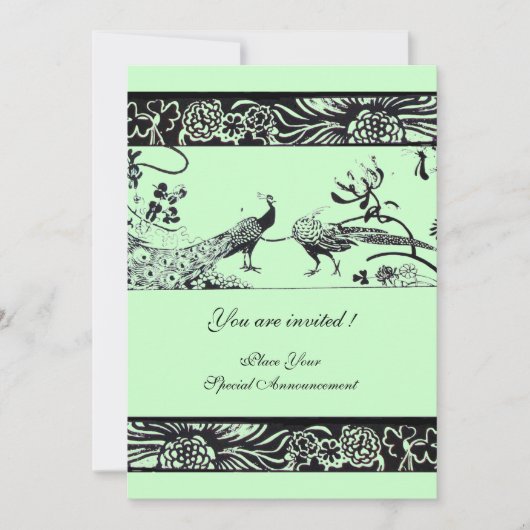 Invitation OISEAUX AMOUREUX DE MARIAGE, noir et blanc vert (Devant)