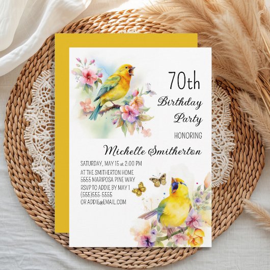 Invitation Oiseaux Antiques Canaris Fleurs 70e Anniversaire