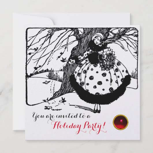 Invitation OISEAUX ARBRE ET CHRISTMAS LADY Black White Red Ge (Devant)