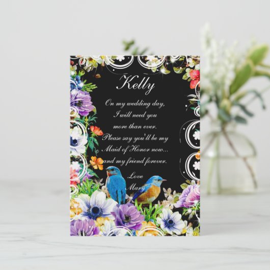 Invitation Oiseaux Bleus & Botanique Floral Maid Of Honor (Debout devant)