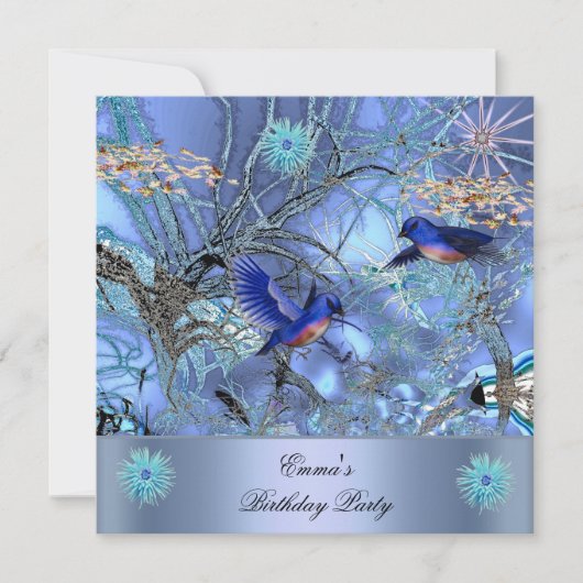 Invitation Oiseaux bleus enchantés de fête d'anniversaire (Devant)