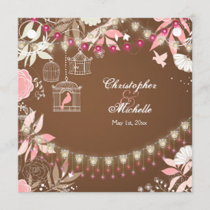 Invitation Oiseaux, Cages, Jardin Fleur Rose et Mariage Brown