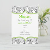 Invitation oiseaux chanteurs noirs, blancs et gris avec cadre (Debout devant)