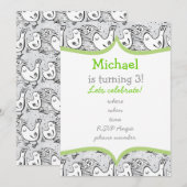 Invitation oiseaux chanteurs noirs, blancs et gris avec cadre (Devant / Derrière)