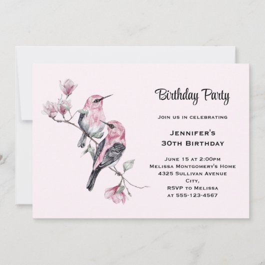 Invitation Oiseaux-chanteurs roses sur une branche d'arbre An (Devant)