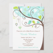 Invitation Oiseaux Coeurs Arbre Baby shower bleu et vert (Devant)
