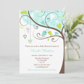 Invitation Oiseaux Coeurs Arbre Baby shower bleu et vert (Debout devant)