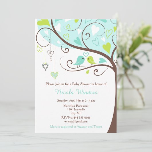 Invitation Oiseaux Coeurs Arbre Baby shower bleu et vert (Debout devant)