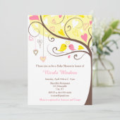 Invitation Oiseaux Coeurs Arbre Baby shower jaune et corail (Debout devant)