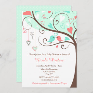 Invitation Oiseaux Coeurs Arbre Monnaie et Baby shower de cor