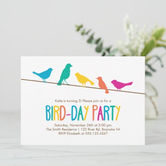 Invitation Oiseaux colorés Fête d'anniversaire (Debout devant)