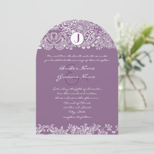 Invitation Oiseaux d'amour damas monogramme mariages pourpres