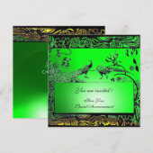 Invitation OISEAUX D'AMOUR DE MARIAGE, noir jaune vert émerau (Devant / Derrière)